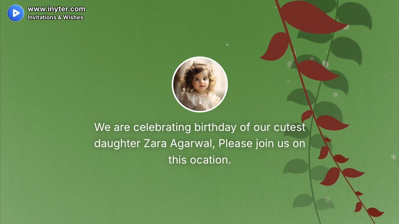 Birthday invitation with leaves and green background background animation