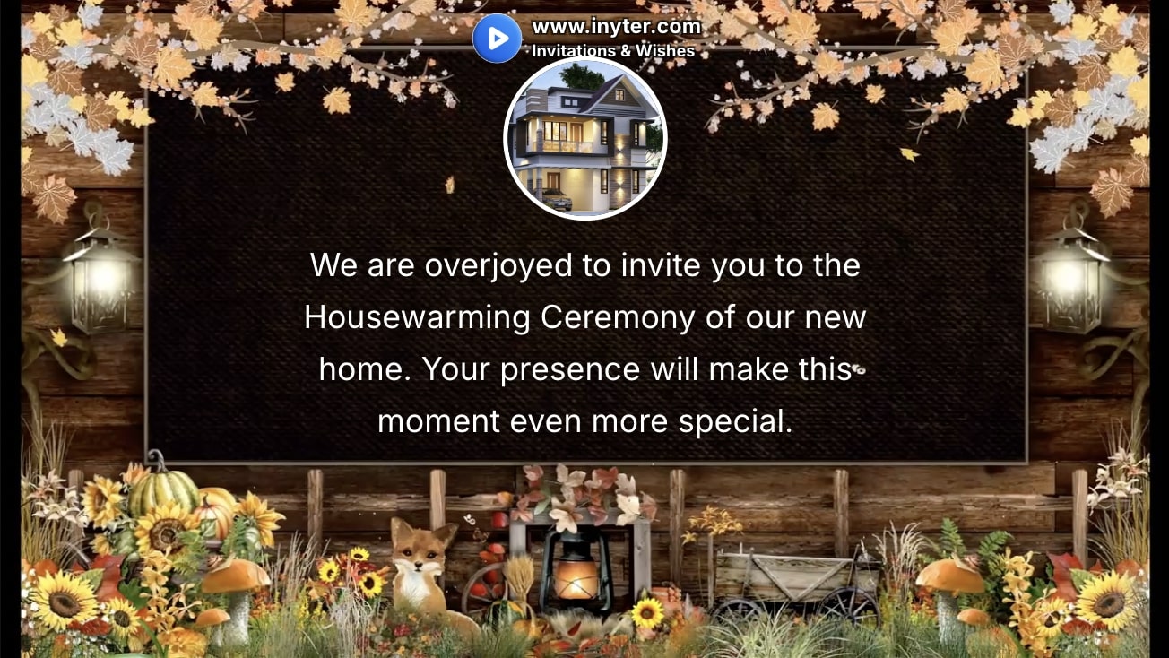 House Warming invitation with home flowers background animation