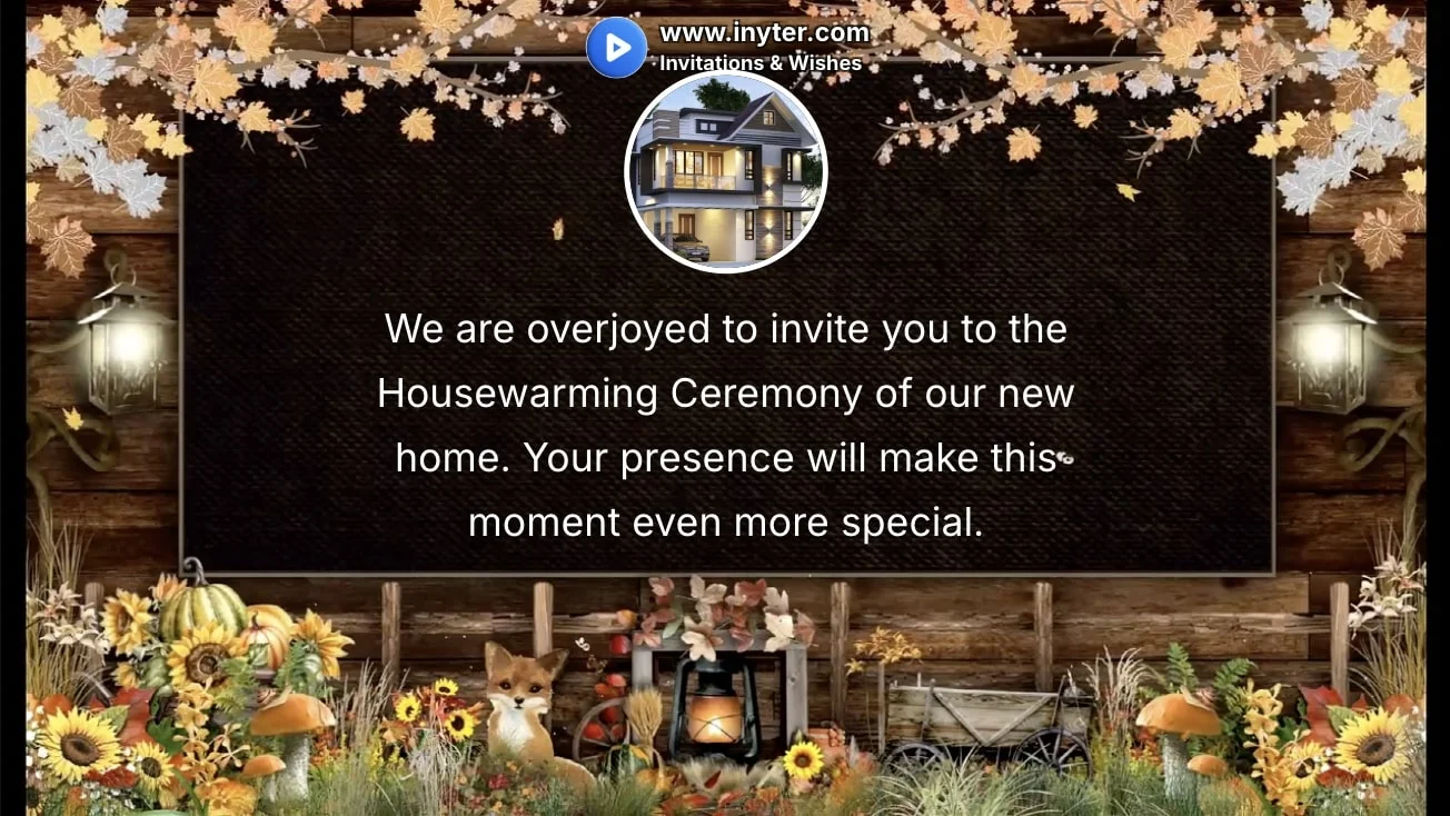 House Warming invitation with home flowers background animation