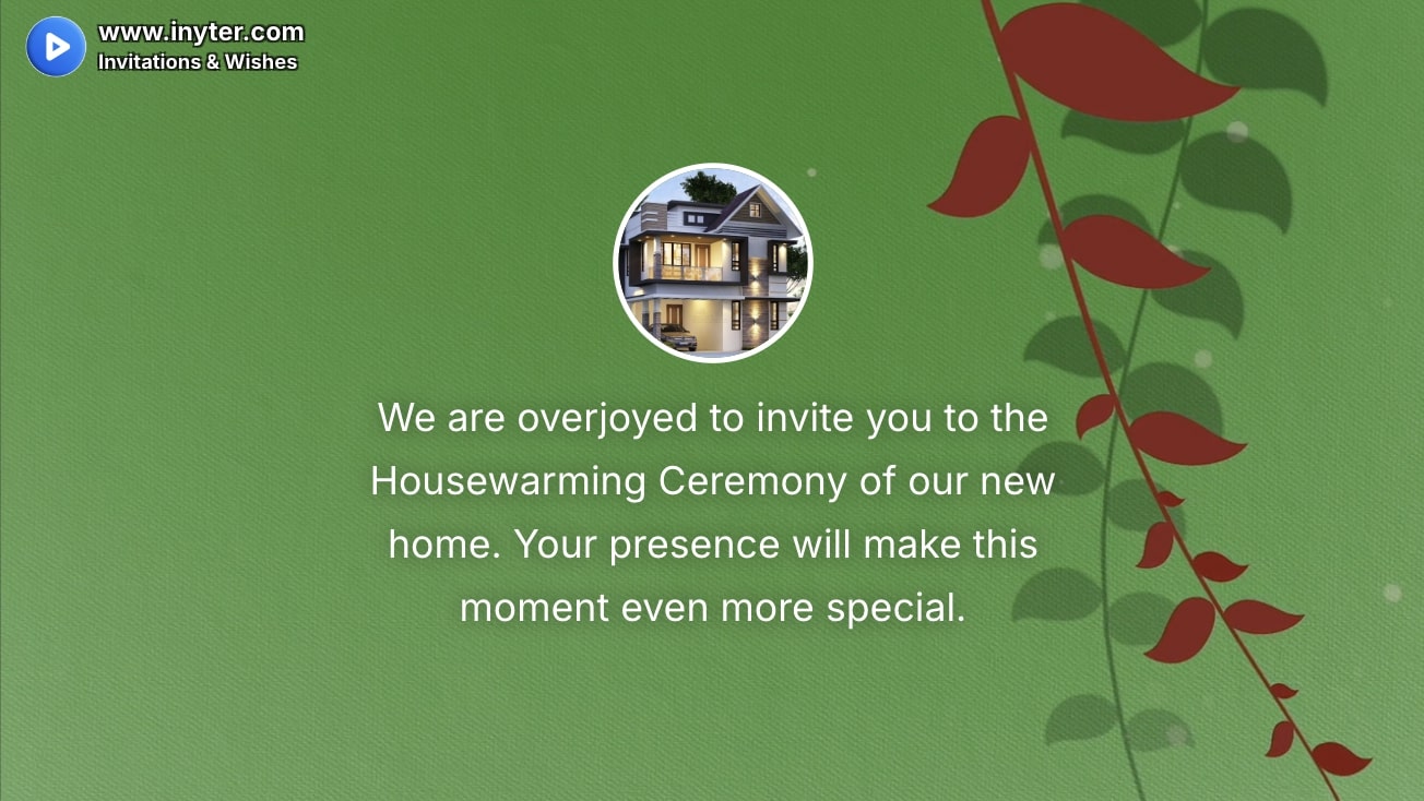 House Warming invitation with leaves and green background background animation