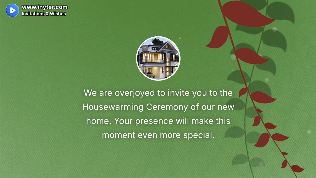 House Warming invitation with leaves and green background background animation