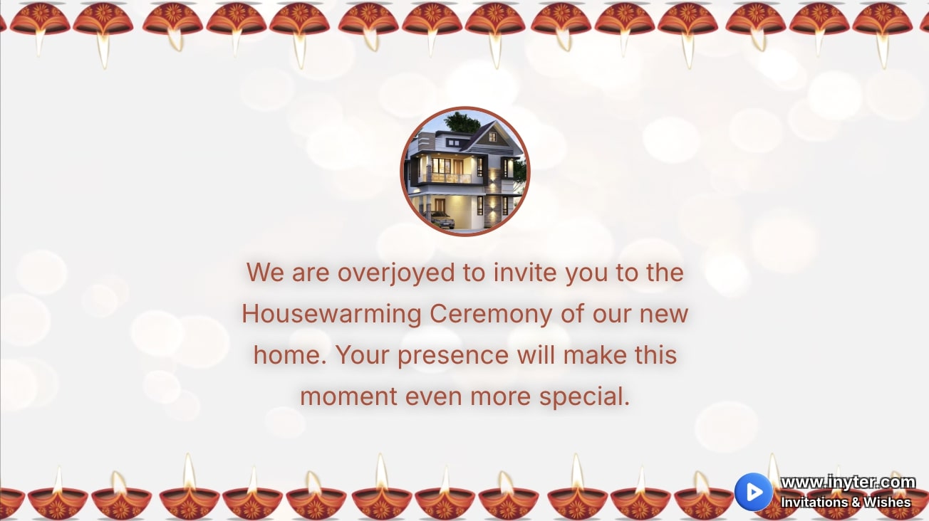 House Warming invitation with scrolling diyas animation