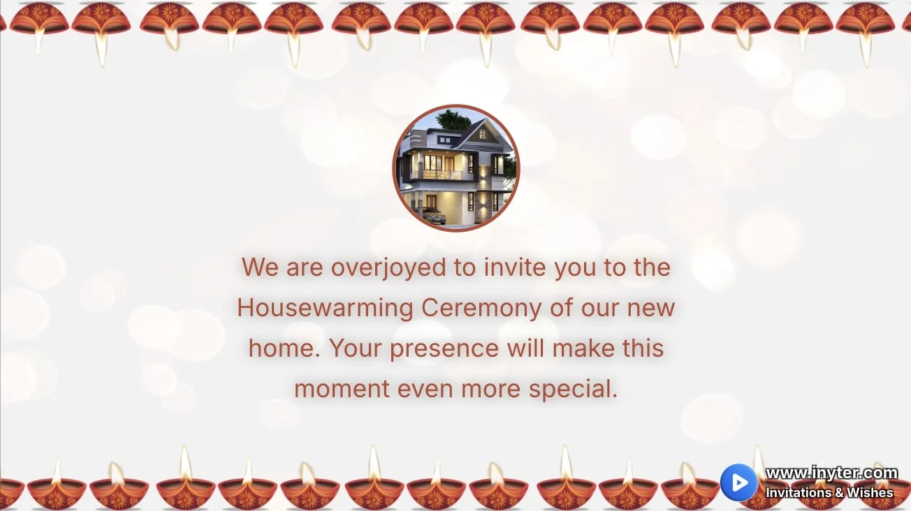 House Warming invitation with scrolling diyas animation